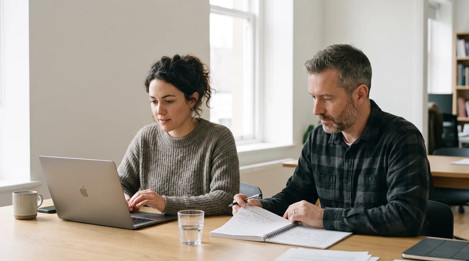 A working session in progress, two people mid-decision